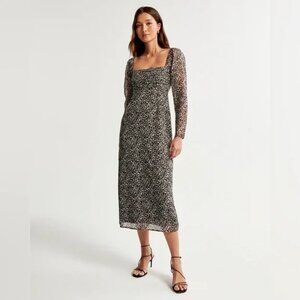 Abercrombie & Fitch Emerson Chiffon Long-Sleeve Midi Dress Black White Size XS